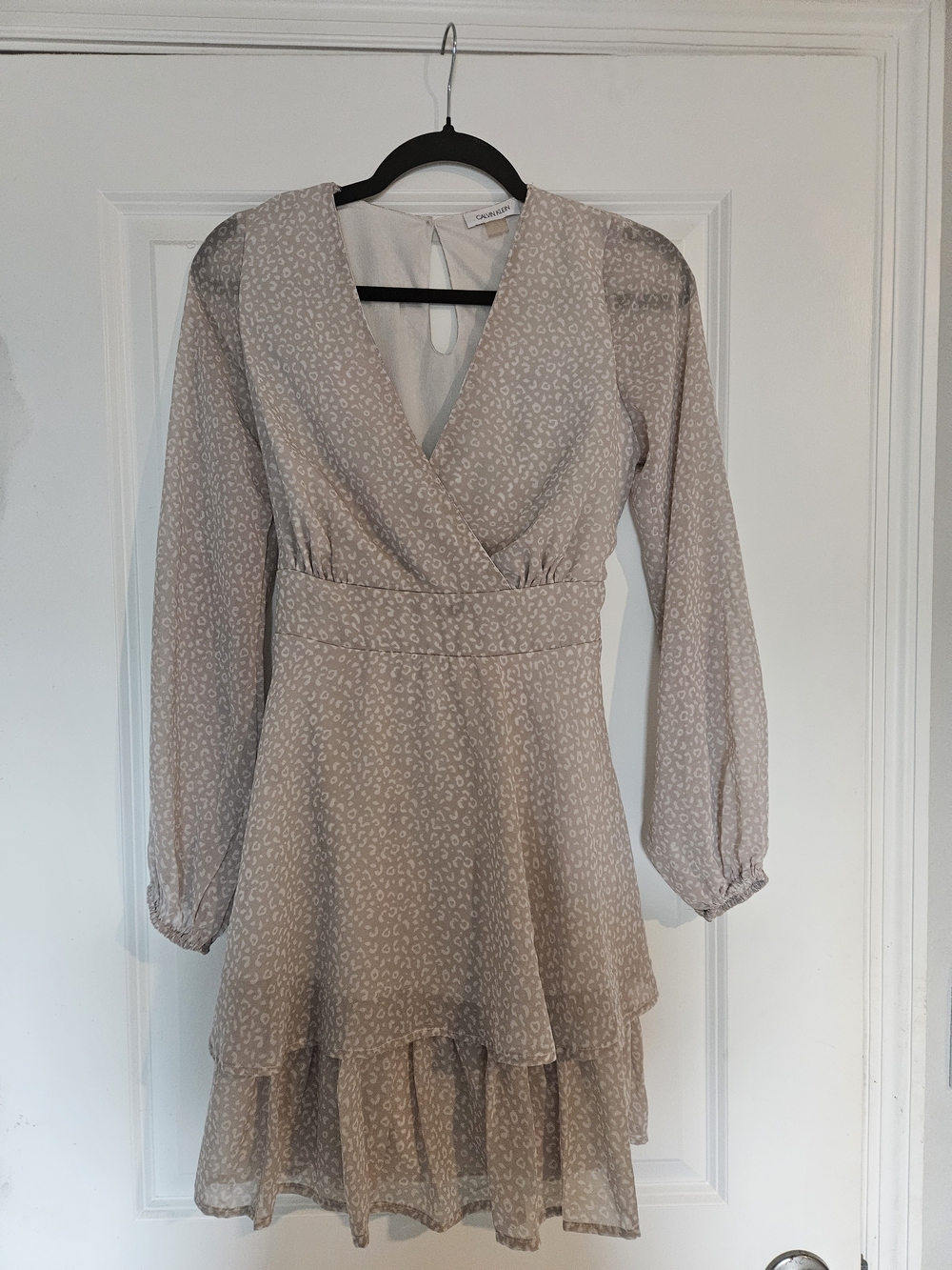 Calvin Klein Light Taupe Printed Long Sleeve Wrap Dress